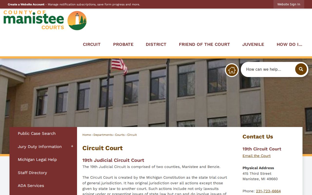 Manistee County court docket 19th Judicial Circuit Court information
