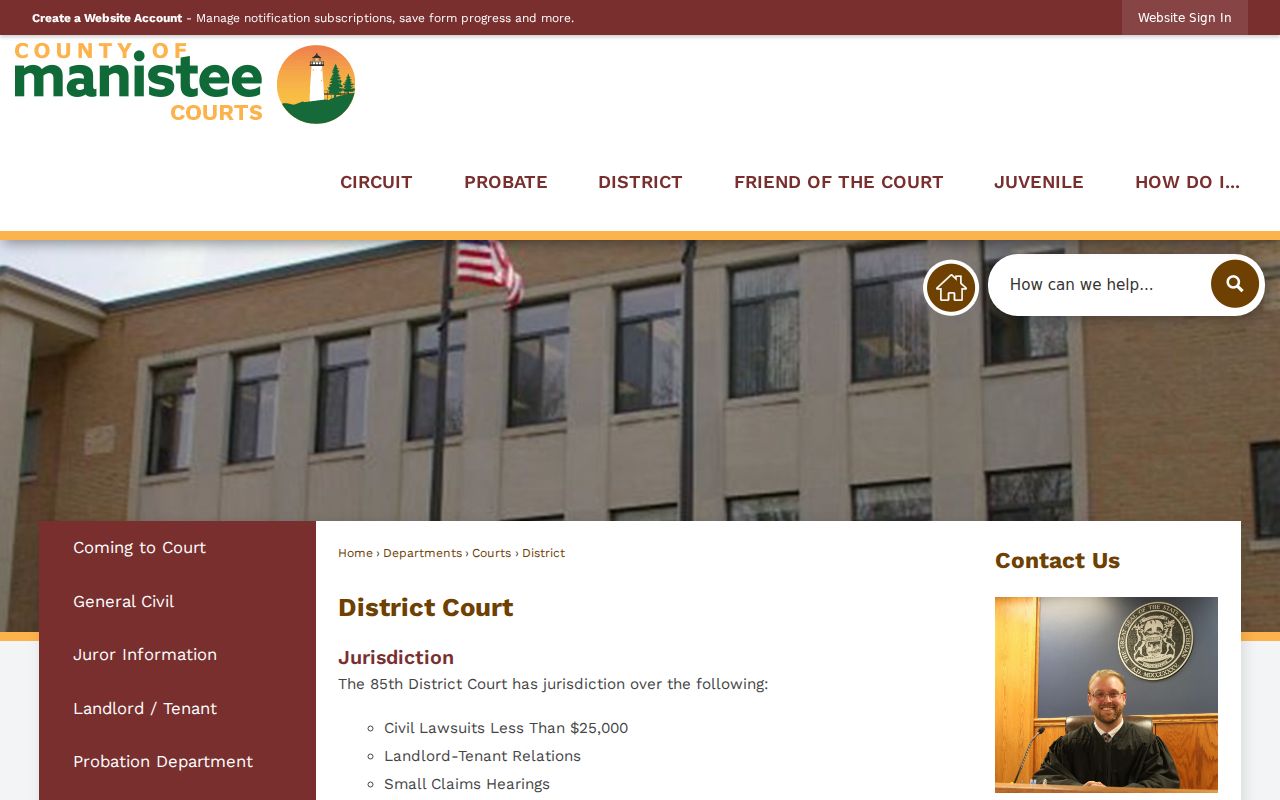 Manistee County court docket 85th District Court access information