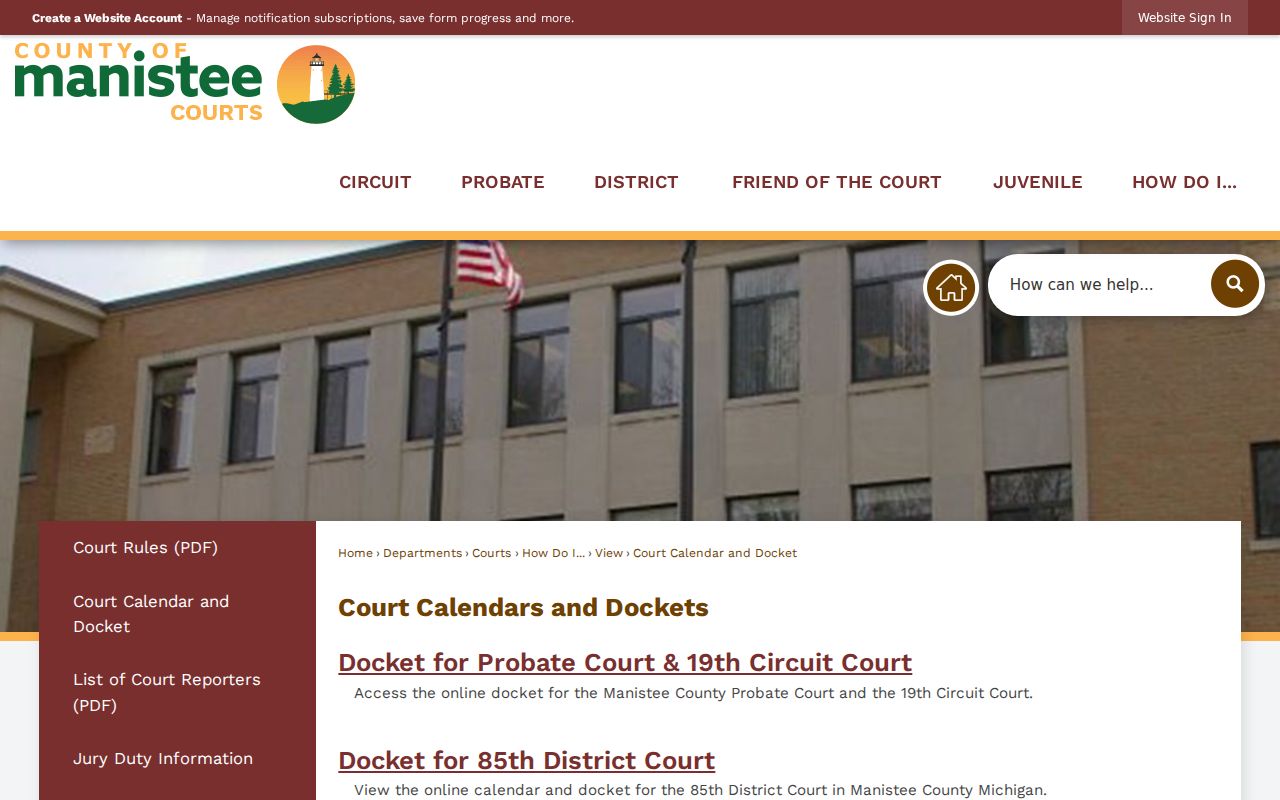 Manistee County court docket Court Calendar and Docket page
